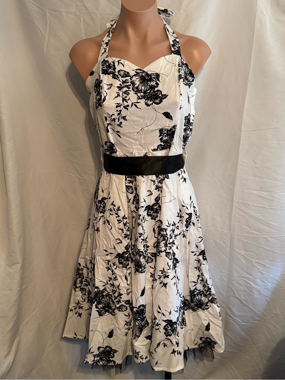 New! Black & White Floral Halter Fit-and-Flare Dress With a Tule Underlay